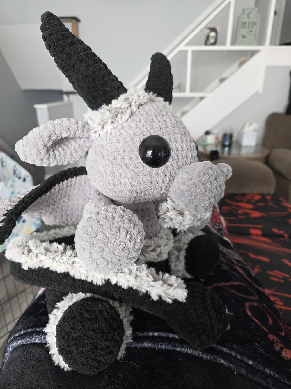 Plush Grey and Black Dragon Stuffed Animal - Soft Home Accent